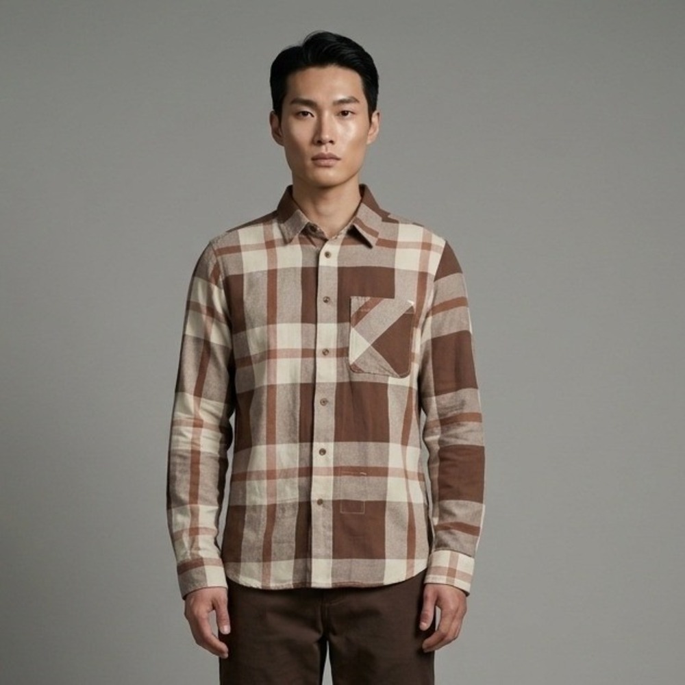 Etnies Men's M Brown White Plaid Flannel Shirt‎ Long Sleeve Casual Relaxed